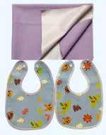 Maalove Combo of Baby Soft Breathable Washable Small Drysheet 50x70cm 1 unit Purple and Feeding Bibs Pack of 2 Blue