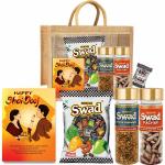 Swad Happy Bhai Dooj Gift Hamper Set (Mixed Toffee & Rosted Saunf & Khatha Meetha Aam Pachak Mukhwas Mouthfreshener, 25 Candy & 2 bottle) with Greeting Card & Jute Bag,Gift Item