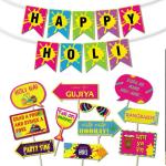 Festiko Happy Holi Decoration Combo (12Pcs Photo Booth Props, Happy Holi Banner)