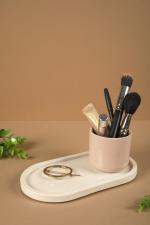 Chann Studio Oval Concrete Tray, Bathroom Countertop Vanity Tray Kitchen Coffee Table Tray Jewelry Organizer Marble Stone Tray for Small Plant Home Decor - White