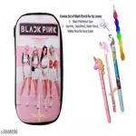 Topgifties Black Pink Stationery Set for Girls / Black Pink Pencil Case with Unicorn Water Pen, Unicorn Bullet Pencil, Lead Pencil, Lipstick Pen, Star Pen & Designer Eraser /