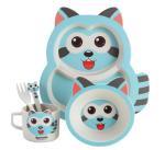 Babyhop Cat Design Blue Bamboo Fiber 5 Piece Bamboo Fiber Dinner Set With Plate Bowl Cup Fork And Spoon BPA Free Safe For Baby Kids (6 36M)