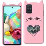UNILORD Samsung A71 Pink Silicone Love Cat 3D Heart Design Flexible Ear Cat Kitty Girls Back Cover Case