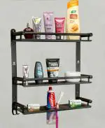 GOSAI Stainless Steel Bathroom Accessories 2 Layer Matt Black Bathroom Shelf with Soap Case Toothbrush Holder and Hook | Bathroom Rack Shelf | Tumbler Holder | Organizer (16x5x17 inch)