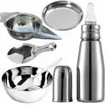 PGD Plain Silver Stainless Steel Baby Feeding Bottle with Feeder, Bowl, Idly Spoon & Plate (0-24 months) - 200 ml