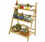 Naayaab Craft Bamboo Ladder Plant Stand, 3-Tier Foldable Organizer Flower Display Shelf Rack, Indoor Outdoor Plant Display Shelf Flower Pot Holder - Size (71.12 x 30.48 x 81.28cm)