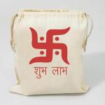 Handmakers White Canvas Drawstring Bags For Return Gifts With Subh Labh And Swastik Print (Pack Of 30)