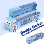 BLUE SEED Bus Pencil Box Educational Geometry Box for Kids with 3 Compartments Case Double Decker Bus Shape Pencil Box With Moving Tyres And Sharpner