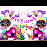 Sv traders Unicorn Theme Birthday Decoration Total-103 Pcs-Pink Cursive Banner (13)+Multi Foil XXL 28 Inches Unicorn(1)+Pink Foil Heart(2)+Round Foil Happy Birthday(2)+Golden Confetti (5)+Metallic Balloons Purple 20+Pink 20+White 20+Mint 20