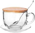 Cracker Transparent Glass And Wooden Mug With Lid Spoon For Soup, Noodles And Ice Cream 450ml