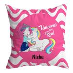 ASHVAH Pink Satin Nishu Name Unicorn Cushion Cover with Filler 30 x 30 cm