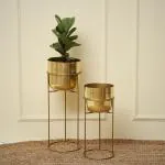 HomeShastra Allura Gold Metal Planters with Stands | 21 Inch & 17 Inch (Height) by 7.5 inch & 6.5 Inch (Dia) | Planters for Living Room, Bedroom Interior Ideas (Gold)