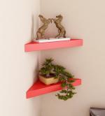 Home Sparkle Red Wood Triangular Shaped Corner Wall Shelves For Living Room (Set of 2) 40X21X5.5 cm