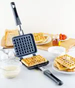 Omega Non-Stick Waffle Maker with Press Plates with Long Handle - Only Gas Stove Compatible (Black)
