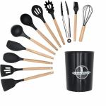 HUENISH 12pcs Wooden Handle Silicone Cooking Spoon Set Heat Resistant Silicone Spatula (Black, S 12)