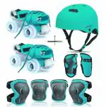 Jaspo Marshall illumi Premium Skating kit Adjustable Quad Roller Skates for Kids 6-14 Years with LED PU Wheels and Superior Protective Gear Combo(Cyan)