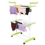 FLIPZON Premium Clothes Stand for Drying with Wheels | Portable | 2 Layer Rack for Balcony | Foldable Wings | 14 Hanger Rods | Alloy Steel & Plastic (White & Green)