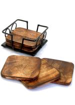 RAMYAMART Brown Wood Mango Tea, Coffee Coaster Set With Decorative Holder, 4 Inches