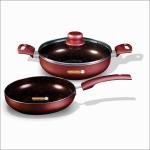 Macclite Non Stick Aluminum Cookware Set of 3pc Induction Bottom 5 Layer with Granite Coating (Kadai 2.5L, Fry Pan 1.7L & Glass lid 24cm with Soft Touch Handle)2in1 Induction&Lpg Stove Compatible, brown, standard (MAC ST CP05)