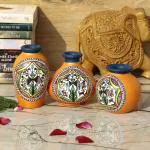 Vintage Gulley Orange Terracotta Warli Hand Painted Pot (10 x 9 cm, 9 x 9 cm, 12 x 6.5 cm) Set of 3