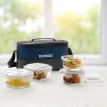 Borosil Elite Universal Borosilicate Glass Lunch Box Set of 4 (320 ml x 2 - Square + 240 ml x 2 - Round) Break and Chip Resistant, Microwave Safe Office Tiffin