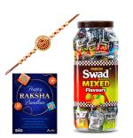 Swad Panjon Premium Rakhi Gift Hamper for Raksha Bandhan |Brother/Bhai/Veera/Kids Pack Of 3 Items|1 Assorted 150 Tab Candy Jar+1 Rakhi+Greeting Card |Raakhi Gift Set