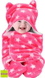Pandaoriginals Self Design Single Hooded Baby Blanket for AC Room (Cotton, Pink, White)