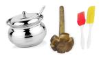 URBAN BUY Urban Buy Stainless Steel Ghee Dani or Ghee Pot With Silicon Mini Spetula Set and Pure Wooden Madani Rai, Multicolour & (Pack of 3)