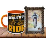 Whats Your Kick Life is A Beautiful Ride Yellow Quotes Printed Orange Ceramic Coffee Mug 325 ML With Antique Copper Finish Cycle Chain Photo Frame