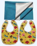 Maalove Combo of Baby Soft Breathable Washable Small Drysheet 50x70cm 1 unit Blue and Feeding Bibs Pack of 2 Yellow