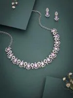 BCOMWALA JEWELS Women’s Silver Plated Lavender Choker Necklace with Matching Earring Set - Elegant Brass Silver Jewellery, Lightweight Bohemian Fashion Necklace, Trendy Pink Jewel Set, Perfect Gift for Her