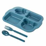 KATHIYAWADI Rectangle Shape Dinner Plate 4 in 1 Food Grade Plastic Divided Plate Tableware for Kids Microwave & Dishwasher Safe 4 Compartment Plate Set with Spoon & Fork (1Set)