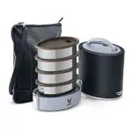 VAYA TYFFYN Black Oval Shape Polished Stainless Steel Lunch Box with Four Containers and Bagmat, 1300 ml