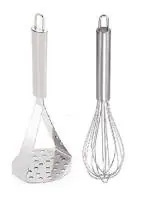First Front Stainless Steel Big Potato Masher With Stainless Steel Whisk, Steel Egg Beater and Multicolour, Pack of 2