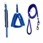 THE DDS STORE Harness & Collar Soft Fur with Cotton Rope Leash , Pet Dog Soft Padded Nylon Dog Harness & Leash with Collar 3 Picec Set . (XX-Large, Blue)