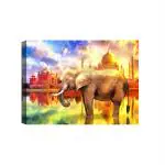 SHASWAT ART Modern Elephant with taj Mahal Sunset Canvas Painting with Wooden Box Frame for Living Room, Bed Room, Office, Hotels (46cm x 61cm)