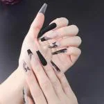 Secret Lives designer artifical nails extension matte nude & black color with black butterfly design combo fake nails design 24 pieces set with manicure kit convenient than manicure