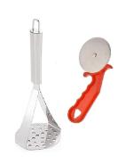First Front Stainless Steel Big Potato Masher With Stainless Steel Blade Red Handle Plastic Pizza Cutter and Multicolour, Pack of 2