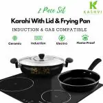 Kashvi 2Pcs Combo: Non-Stick Cast Iron Frying Pan & Kadai with Stainless Steel Lid Set(26cm Diameter 3.5L,26 cm, Capacity 1.5 Ltr.Cast Iron, 2.9mm Thickness) Induction Friendly, Gas Compatible |Cool Touch Bakelite Handles| PFOA Free