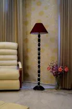 TU CASA Mango Wood Black & Silver Floor Lamp with Maroon Drum Conical Shade WF-40