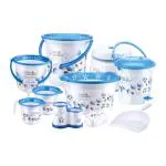 Joyo Bathroom Set Jumbo Printed 10 Pcs (Bucket 25, Bucket 5, Pedal 1007, Tub No. 3, Round Patla, Mug 1100, Mug 1500, Gem Stand, Dust Pan, Soap Case) Blue colour