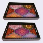 ANGIRA HANDICRAFTS Handmade Wooden Tray with Handprinted Designs Serving Trays Set of 2 Tray