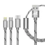 Motozoop 3 in 1 Fast Charging Cable Fast Multi Pin Charging Cable Car Mobile Charging Cable 2.4 Amp for Android Type C APL Nylon Braided Bend Tested (Silver)