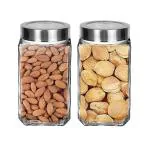 FeeloPie Cube Glass Jars for Kitchen Pantry, Snacks, Masala, Honey, Pickles, Cookies, Dry Fruits, Coffee Beans Storage with Stainless Steel Lid (1000ml, Set Of 2)