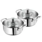 Vinod Stainless Steel 2 Piece Roma Casserole with Glass Lid & Riveted Handles- Diameter 14 & 16 cm, Capacity 1.1 & 1.5 Litre (Induction and Gas Stove Friendly), 2 Years Warranty, Silver