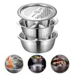 BREAZBELL 3 in 1 Kitchen Multipurpose Stainless Steel Bowl-Heavy Duty Multipurpose 3 in 1 Kitchen Stainless Steel Bowl, Drain Basket, Julienne Graters, Vegetable Cutter, Vegetable Fruit Grater, Kitchen Mesh Strainers, Salad Maker Bowl