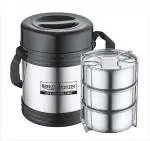 Breeze Ranzer 3 Sliver And Black Stainless Steel Lunch Box Set of 3 containers Lunch Box 750 ML| Lunch Box| Steel Lunch Box| Kitchen Accessories| 3 Containers Lunch Box 750 Ml |