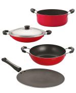 Nirlon 4 pcs of Red and Black Non-stick Aluminium Kitchen Cookware Set, Standard