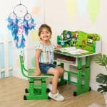 Bhella Kids Study Table and Chair Set,Height Adjustable Wooden Baby Desk Age Between 2-11 Green With Queen Dream Catcher 65 cm