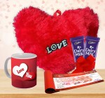 Midiron Unique Gift for Girlfriend, Wife| Chocolate Gift for Valentine’s Day, Birthday & Anniversary| Love Combo | Valentine & Birthday Gift Pack- Ceramic Mug, Red Soft Heart, Chocolate Bars & Love Cheque Book